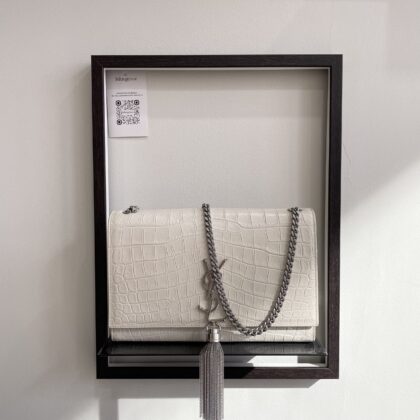 YSL Medium Kate Tassel White Croc Embossed SHW