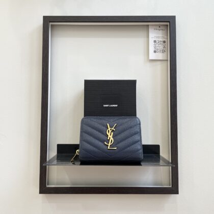 YSL Blue Grained Leather Zip Wallet