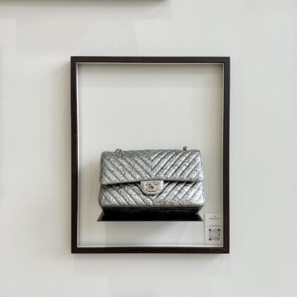 Chanel Medium Chevron CF Silver Patented Aged Wrinkled Calfskin SHW