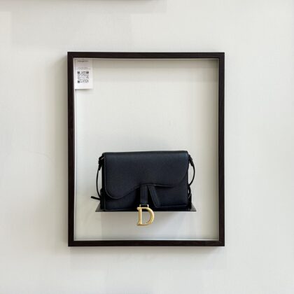 Dior Saddle Pouch on Strap Black Grained leather GHW