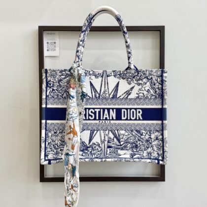 Dior Medium Book Tote Blanc Bleu with Twilly
