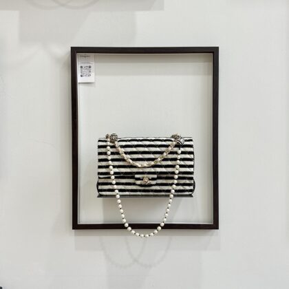 Chanel Medium Seasonal Pearl Chain Chain Flap Black/White Stripe Fabric LGHW
