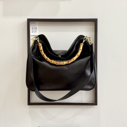 Gucci Vintage Bamboo 2way Shoulder Black Leather GHW