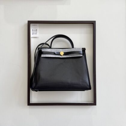 Hermes Herbag 31 Ecru/Black Coated Canvas GHW