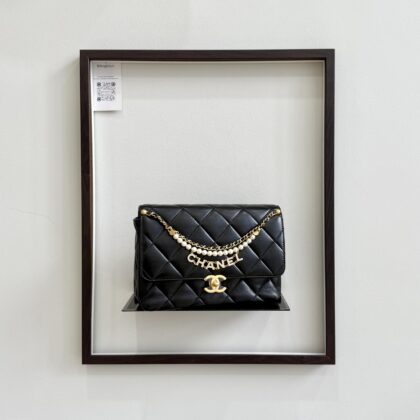 Chanel 24A Pearl Chain with Logo Flap Black Lambskin GHW