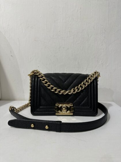 Chanel Small Chevron Boy Black Caviar GHW