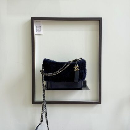 Chanel Small Gabrielle Dark Blue Shearling/Black Calfskin GHW