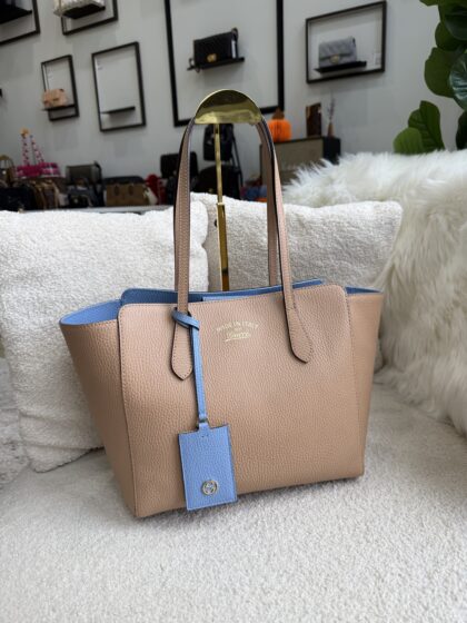 Gucci Swing Tote Camelia/Mineral Blue Grained Leather GHW