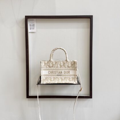Dior Mini Book Tote White/Gold Oblique Jacquard Embroidery Canvas with Strap GHW