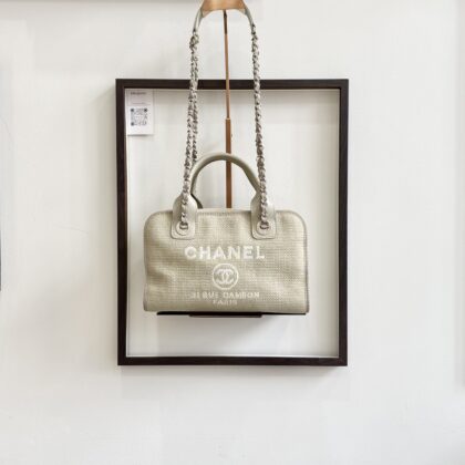 Chanel Deauville Bowling Top Handle Bag 27cm Light Khaki Canvas/Leather SHW