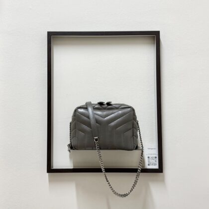 YSL Small Lou Lou Quilted Bowling Bag Grey Calfskin SHW
